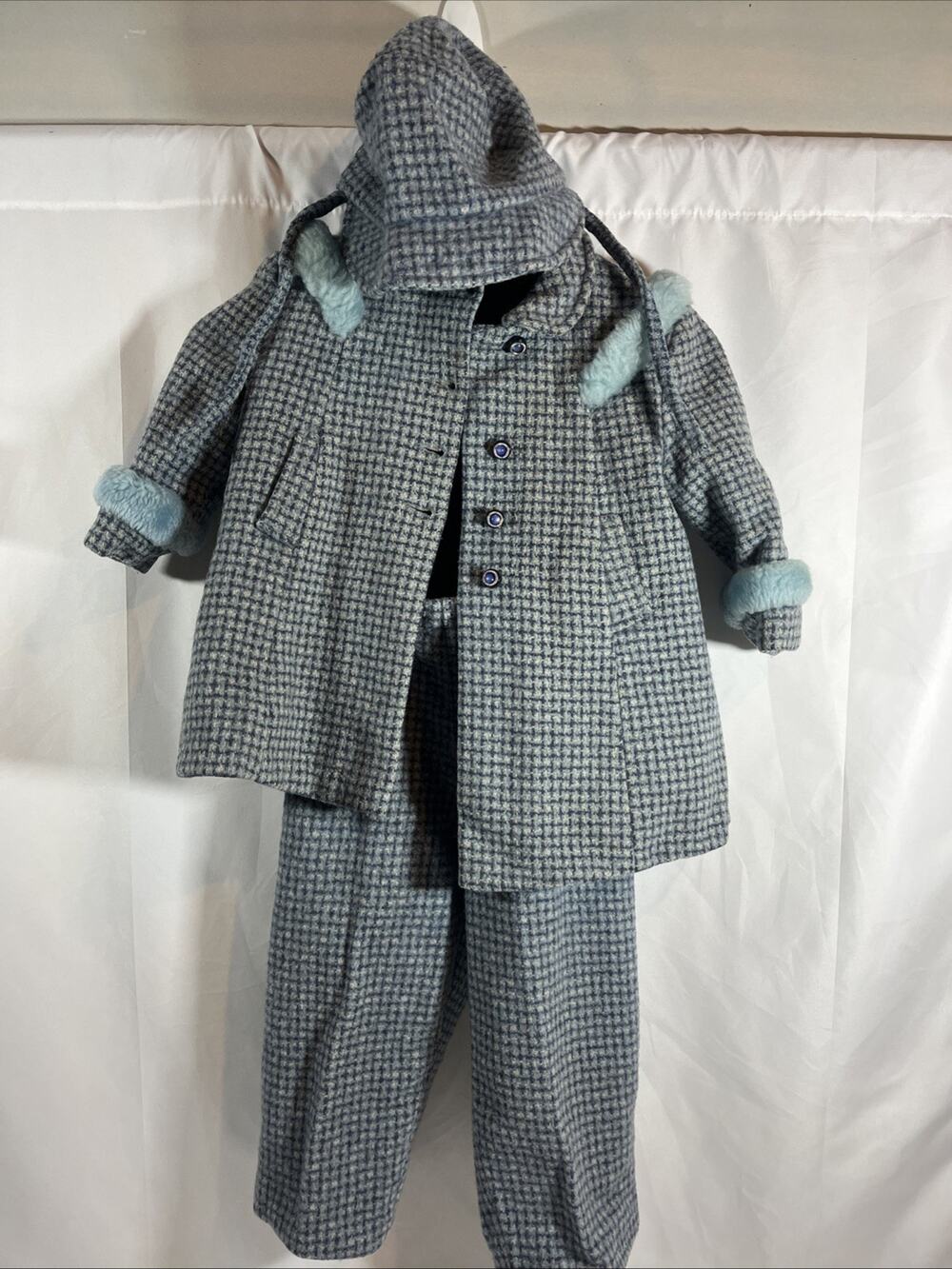 Vintage Blue Wool Child Girls Winter Snow Suit ~ Jacket, Pants, & Hat